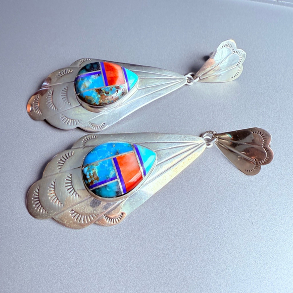 Native American Pete Sanchez Multi Gemstone Inlay Sterling Silver 3" Earrings - Picture 6 of 8